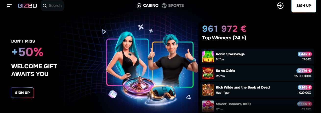 Gizbo Casino promotions page with the FSBONUS100 spins offer