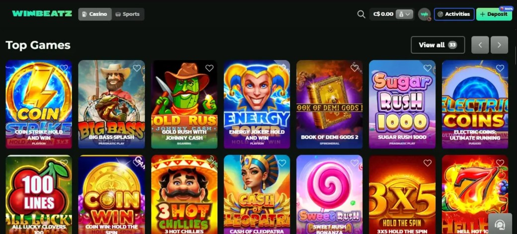 WinBeatz bonus menu offering six slot choices for the UPLAY100 spins